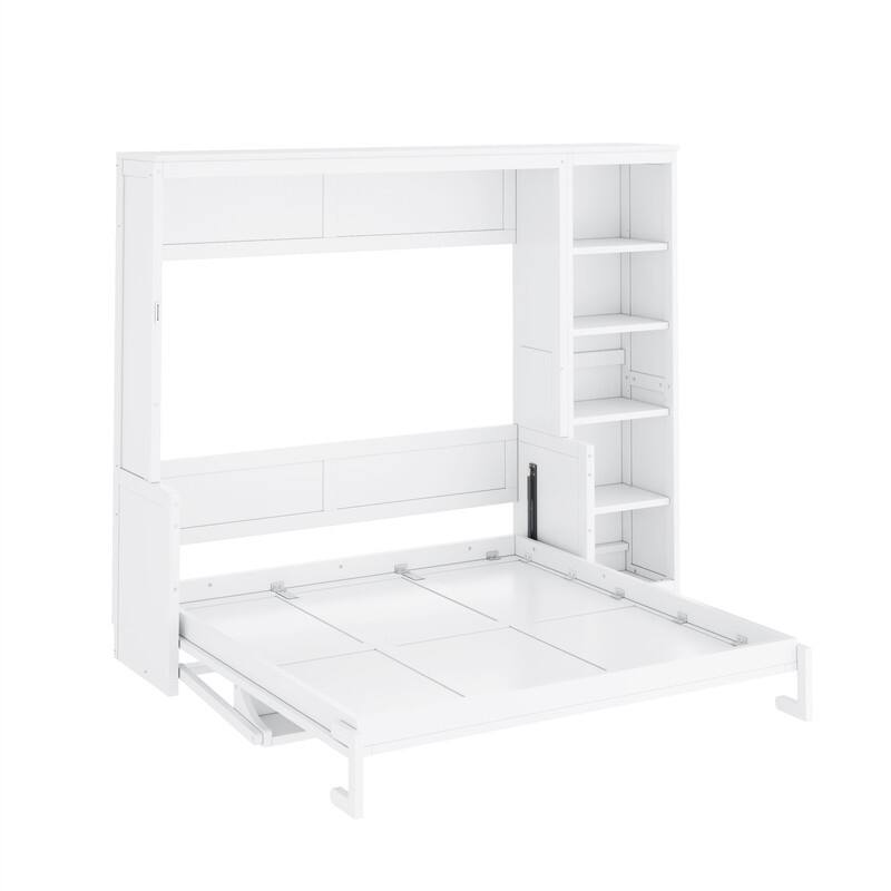Full/Queen Size Murphy Bed with Bulit-in Desk and Bookshelf, Foldable Murphy Cabinet Bed with Open Storage Shelves