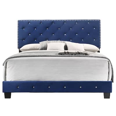 Velvet Tufted Faux Jewel Upholstered Full Panel Bed - 77" - Blue