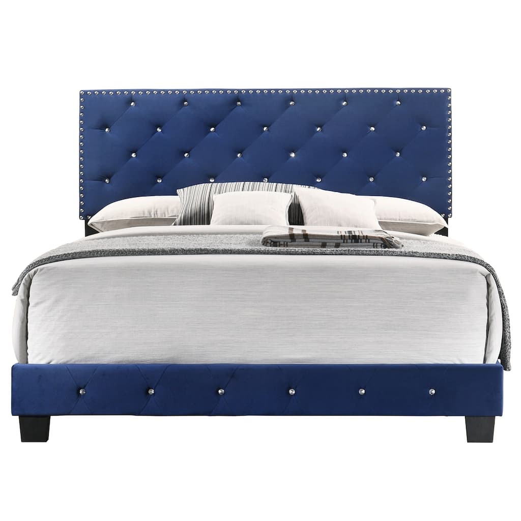 Queen Tufted Faux Jewel Velvet Upholstered Panel Bed - 83" - Blue