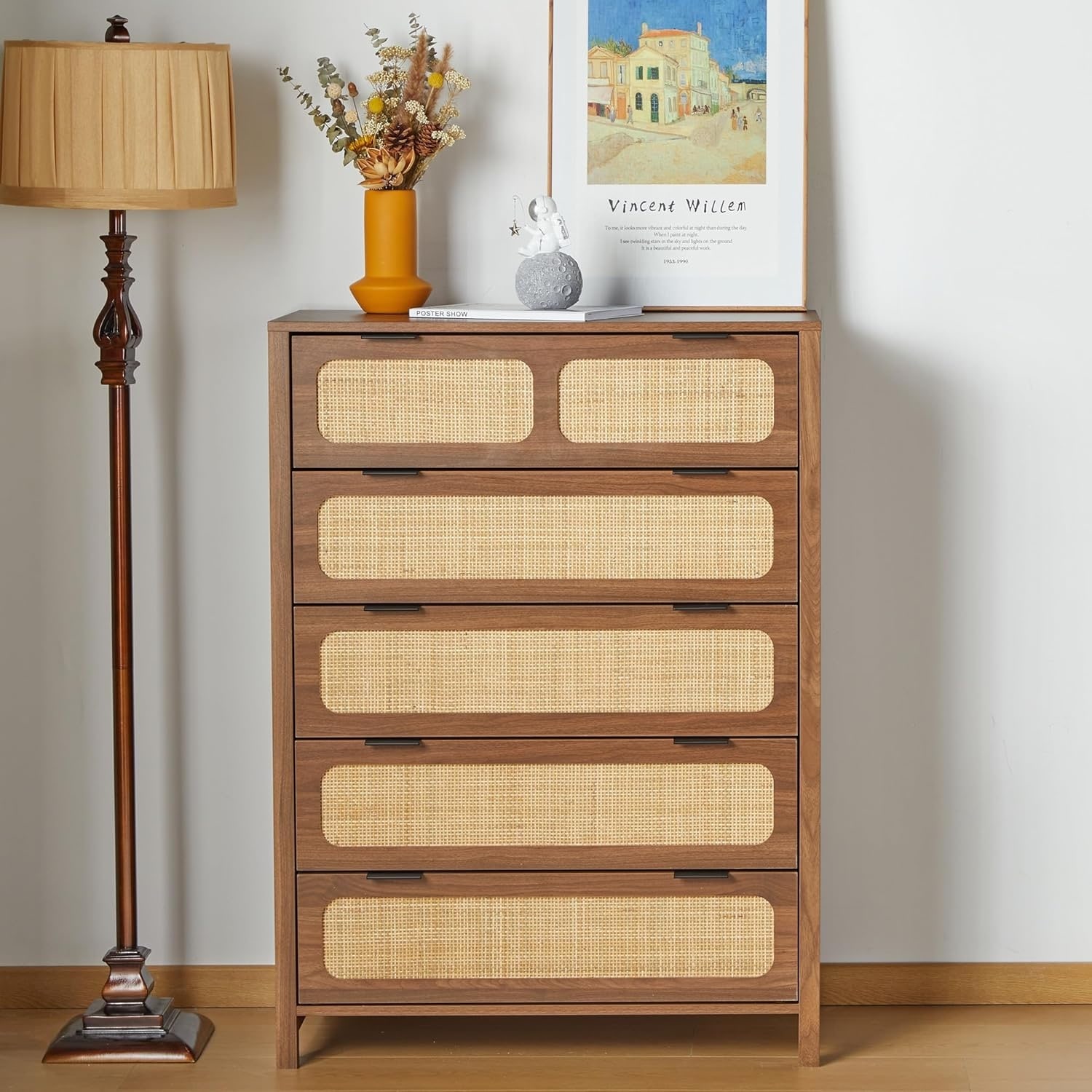 Modern 5-Drawer Rattan Dresser with Metal Handles, Rustic Wood Storage Chest for Bedroom, Living Room, Entryway