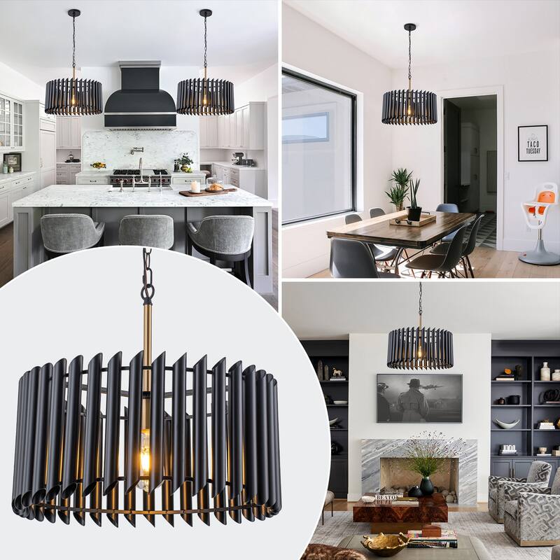 Modern Industrial Black Slatted Drum Pendant Light Fixture - Dia.19.69-in