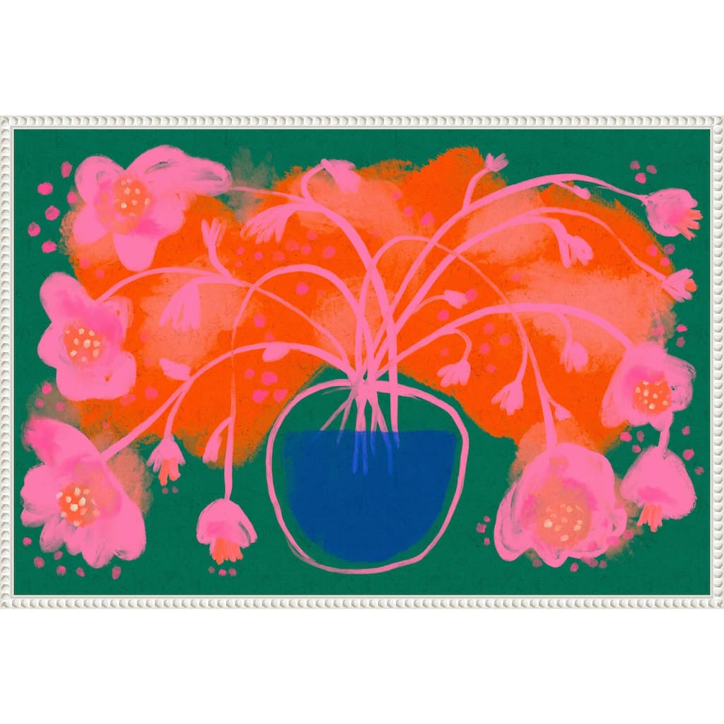 Pink Flower Bouquet by Treechild Framed Canvas Wall Art Print 33 x 23 in. - Sylvie Beaded White