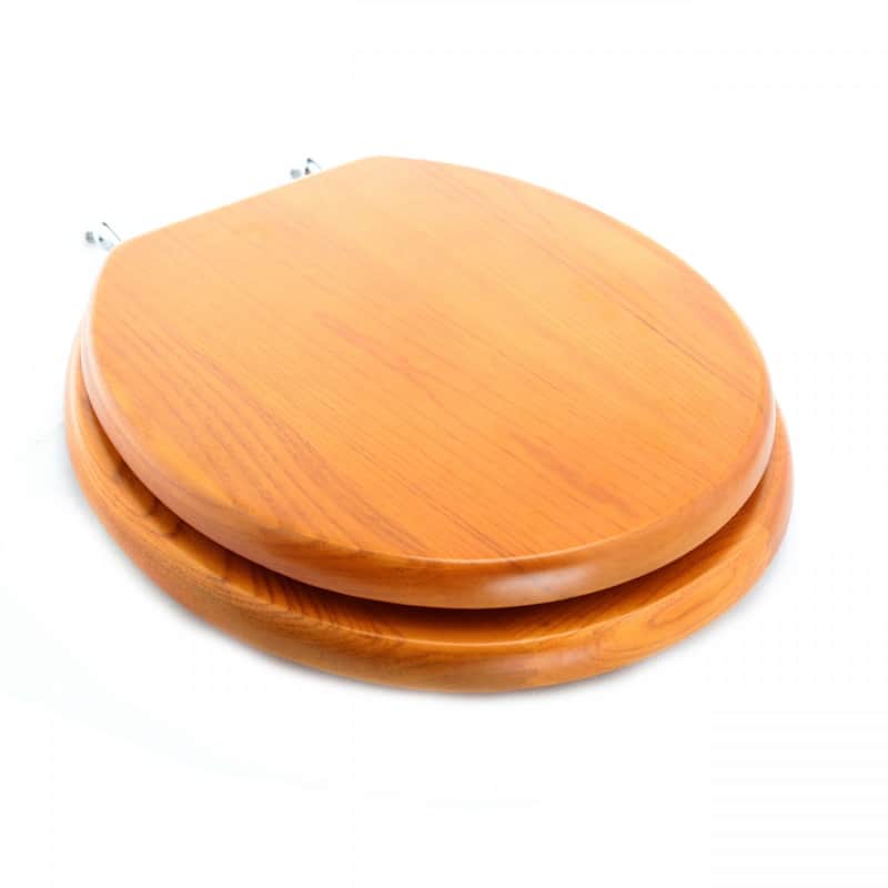 Golden Oak Wooden Toilet Seat Round Toilet Seat with Chrome Hinges and Non Slip Bumper Renovators Supply