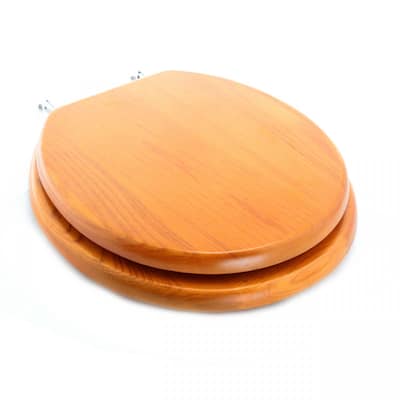 Golden Oak Wooden Toilet Seat Round Toilet Seat with Chrome Hinges and Non Slip Bumper Renovators Supply