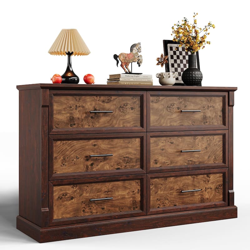 6 Drawer Dresser, Farmhouse Large Chest with Metal Handles, Rustic Wood Storage Cabinet for Bedroom