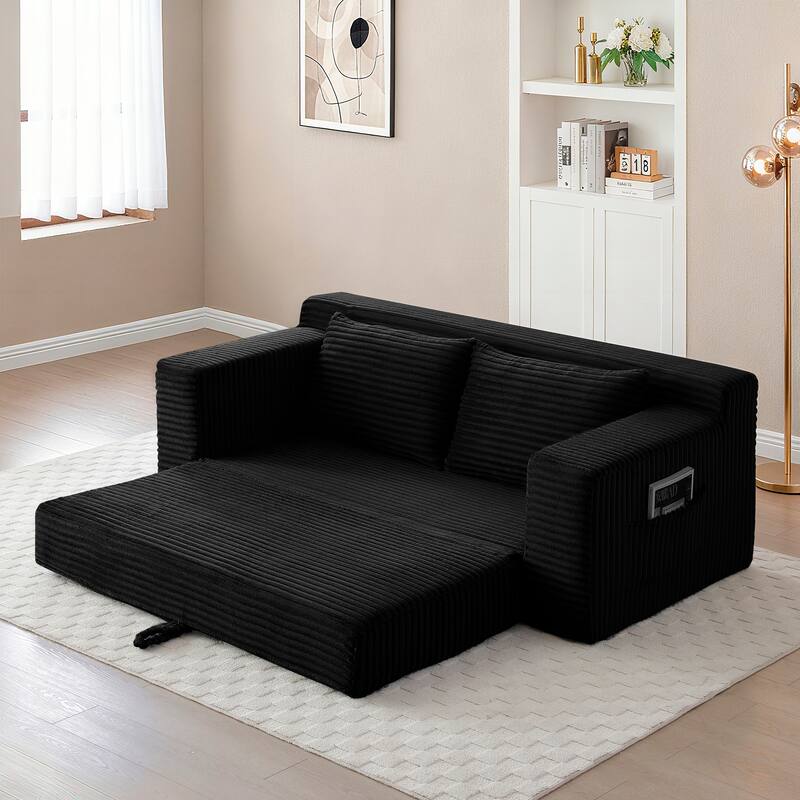 Memory Foam Cloud Loveseat Sofa, 2 in 1 Convertible Folding Couch Bed, No Assembly Compressed Corduroy Floor Lounge Sofa - Black