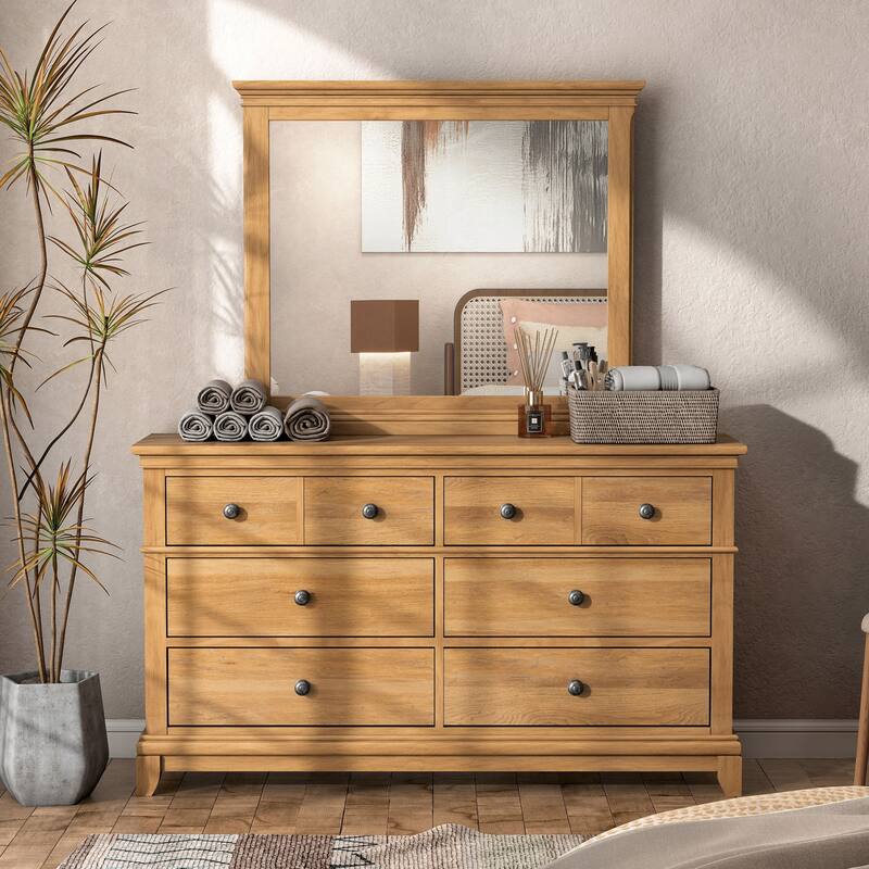 Furniture of America Wellington Farmhouse Natural Oak Wood 6-Drawer 2-Piece Dresser and Mirror Set
