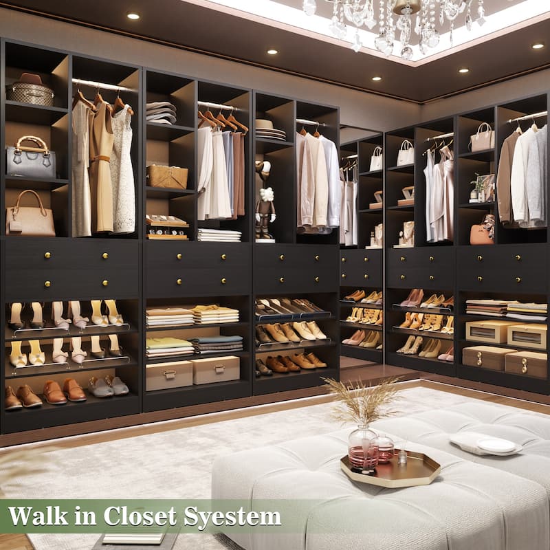 27.7'' Closet Organizer with Shoe Racks and Drawers, Closet System with Hanging Rod and Adjustable Shelves