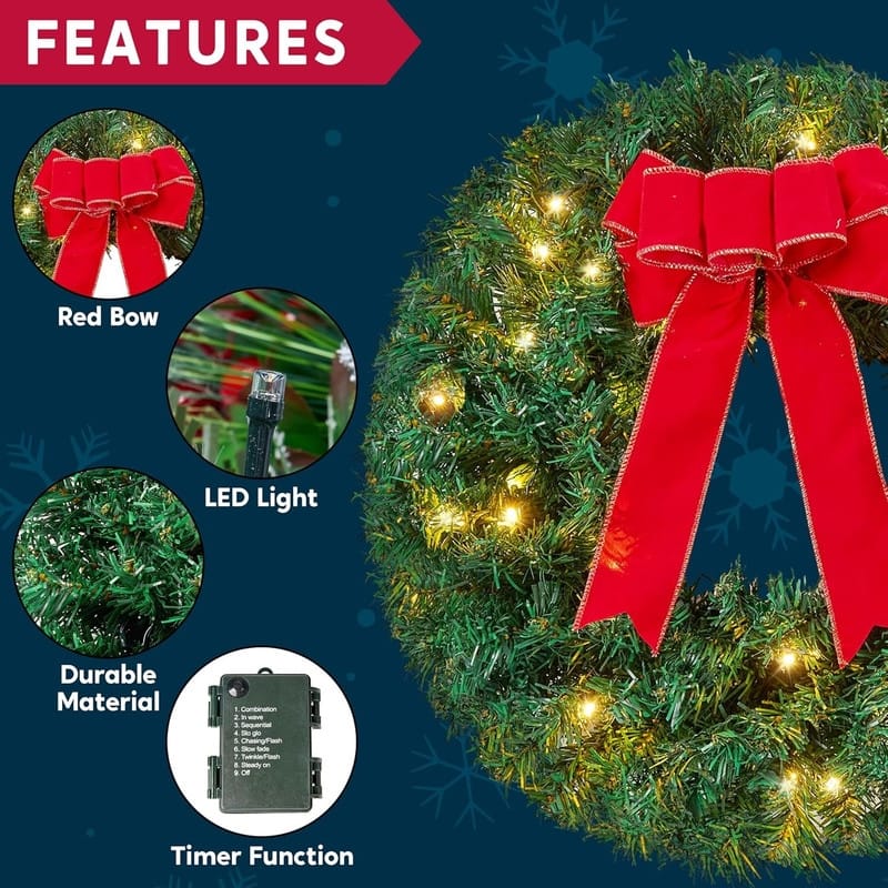 19" Christmas Wreath with LED Lights with Ribbon, 3 Pcs Christmas Wreaths for Front Door