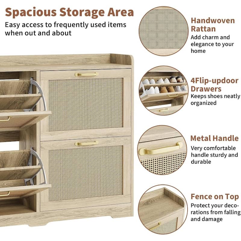 4 Turn Drawers Rattan Entryway Shoe Storage Cabinet, Freestanding Organizer