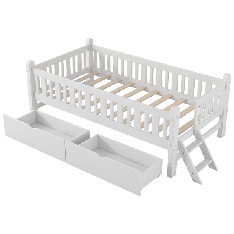 Bedroom Wood Twin Size Platform Bed with Both Sides Guardrail and 2 Storage Drawers, Kids Bed Frame with Slats Support