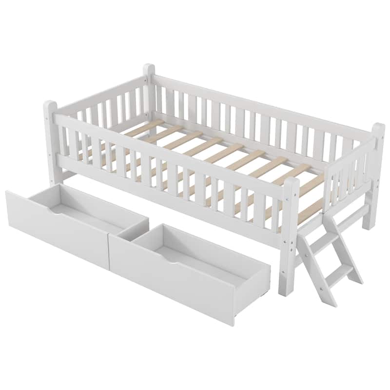 Wood Low Loft Bed Storage Platform Bed with Guardrail and 2 Drawers