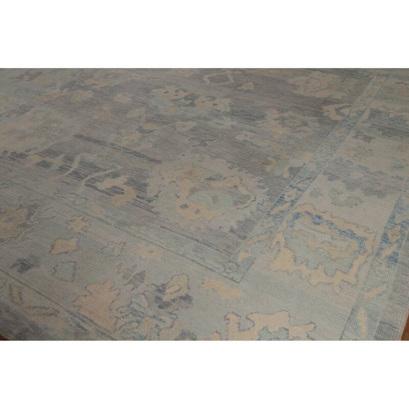 Hand Knotted Oriental 100% Wool Carpet Transitional All-Over Navy Blue & Blues Oushak Area Rug - 14' 2'' X 10' 4''