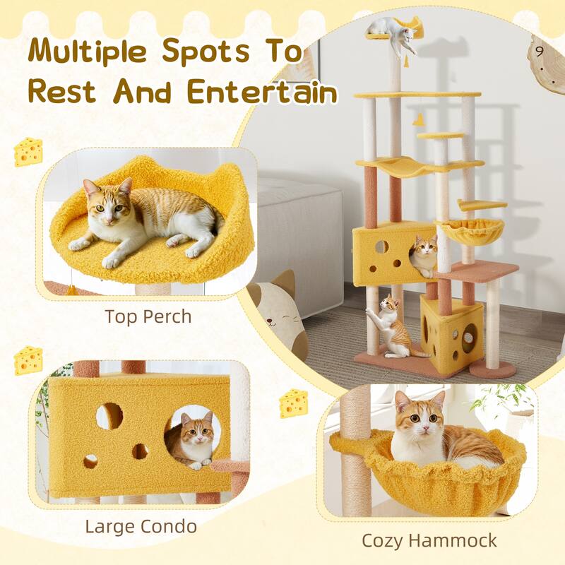 EROMMY Cheese-Shaped Multi-Level Cat Tree Tower with Hammock, Top Perch, and Sisal Scratching Posts