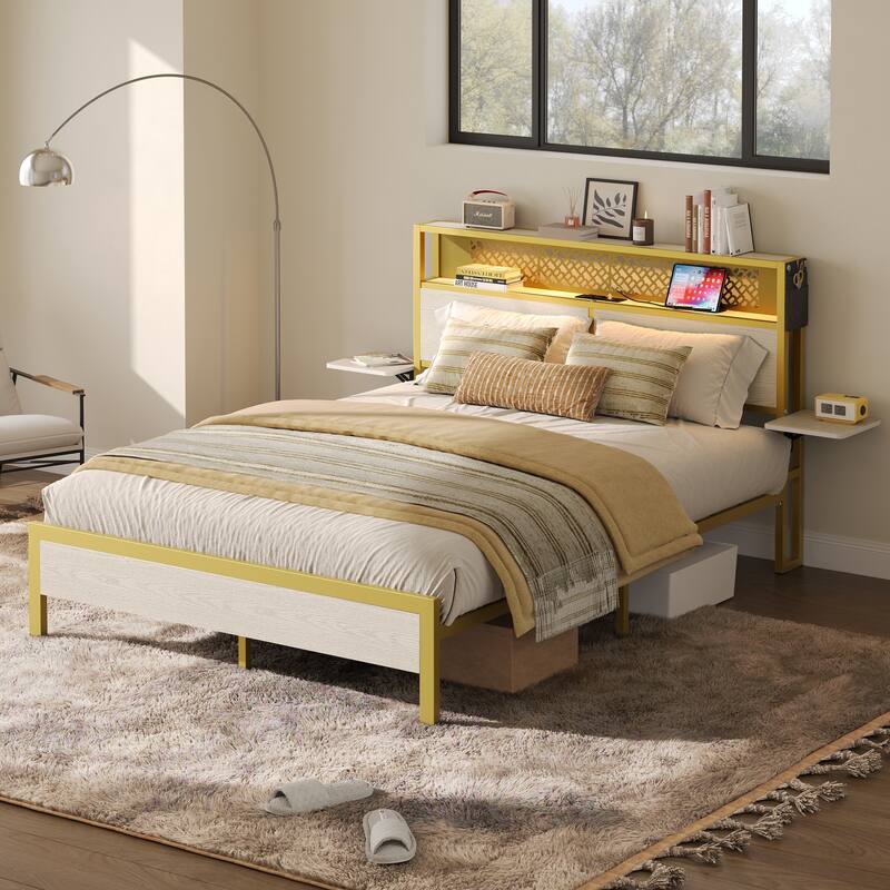 Platform Bed with LED Upholstered Storage Headboard Charge Station Foldable Bedside Shelf - Gold - Queen