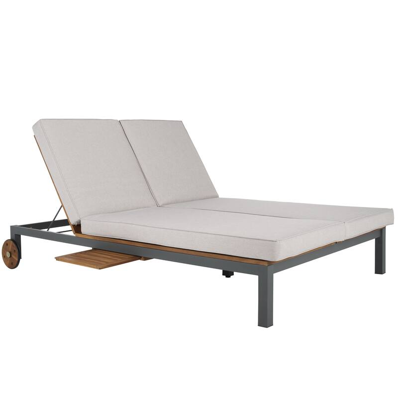 SAFAVIEH Outdoor Francka Adjustable Double Lounge Chair with Side Table - 83 In. W x 52 In. D x 15.8 In H - 83Wx52Dx16H