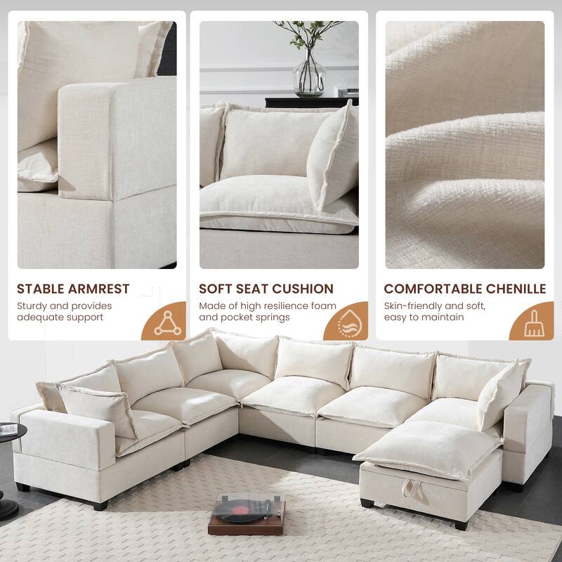 U Shaped Modular Sectional Chenille Sofa with Movable Storage Ottoman