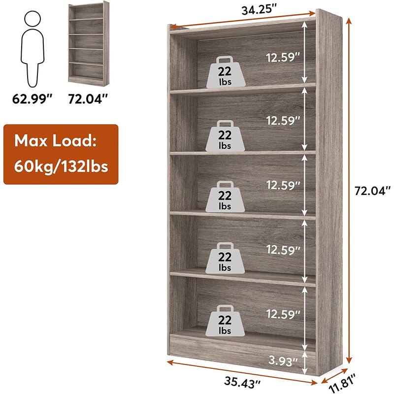 6-Tier Open Bookcase, 72 inches Large Tall Bookshelf