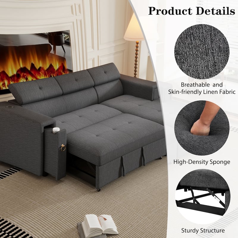 96" L-Shaped 3-Seat Sectional Sofa with Pull-Out Bed, Wireless Charging, and Hidden Storage with Cup Holders
