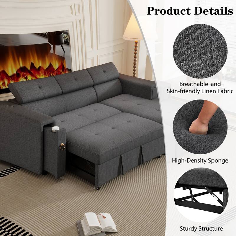 96" L-Shaped 3 Seater Sectional Sofa with Pull-Out Bed, Adjustable Headrest, Wireless Charging, Storage, and Cup Holders