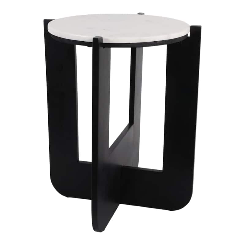 Marble Wood Accent Table Round Top Frame Modern - 20" White Black - 16" x 16" x 19.75"