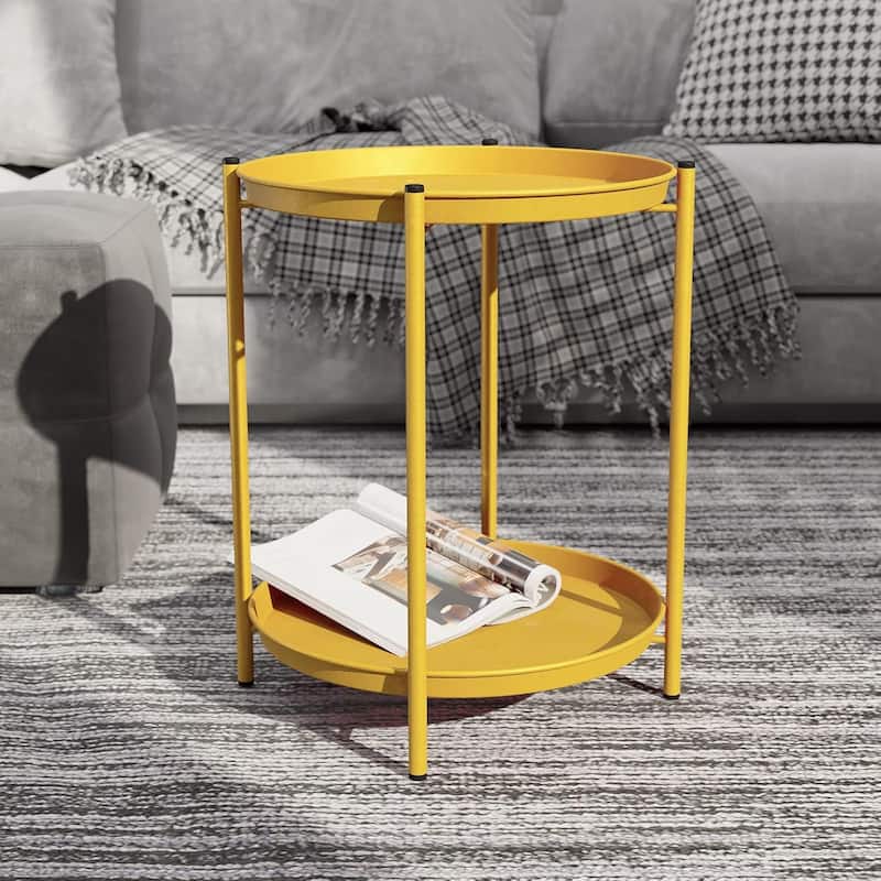 Steel Patio Side Table 2-Tier, Weather Resistant Outdoor Round End Table