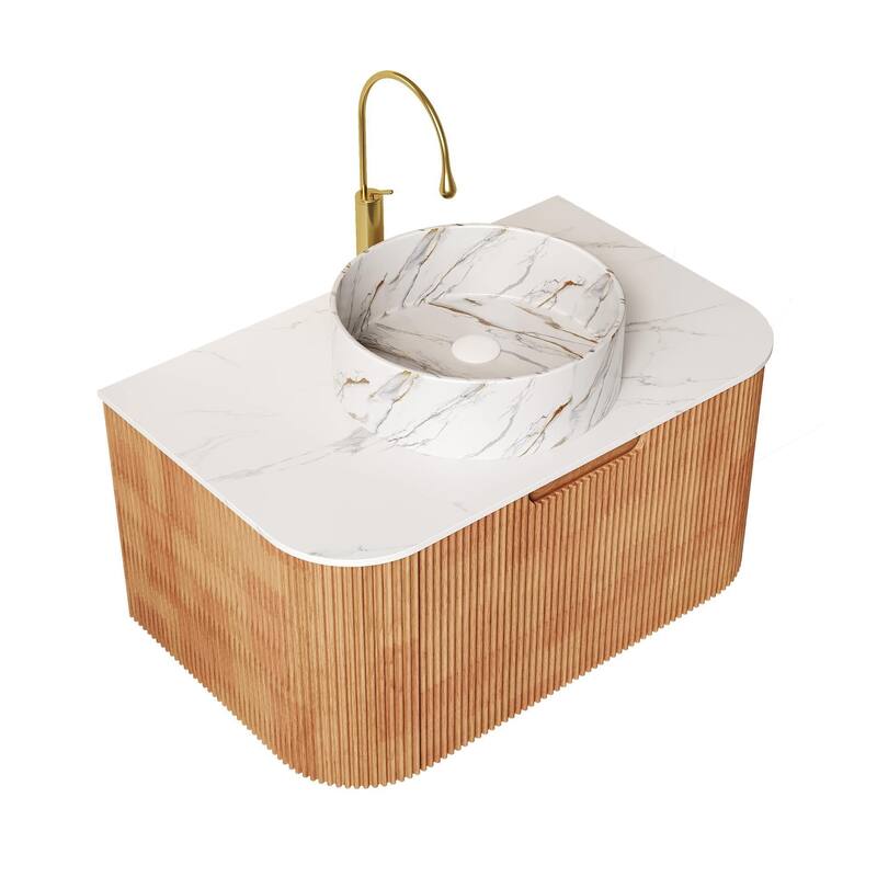 Floating Bathroom with Round Ceramic Basin and Storage Drawer