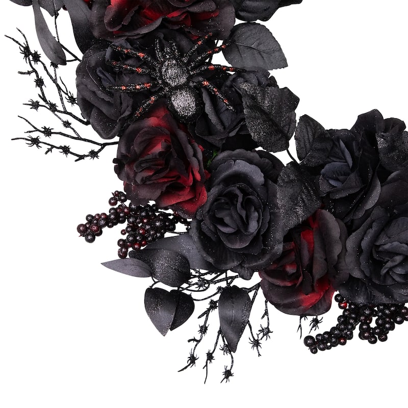 Burgundy and Black Roses with Spiders Halloween Wreath 24-Inch Unlit