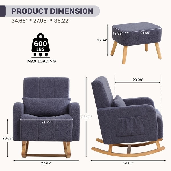 dimension image slide 2 of 6, HOMYKA 27.95” Rocking Chair, Teddy Velvet Fabric with Pillow and Ottoman