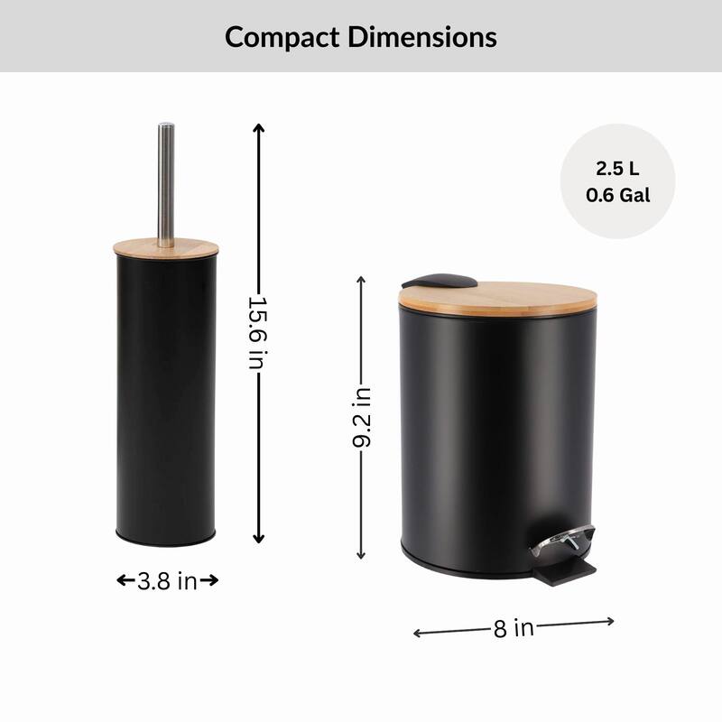 Bathroom Set with Bamboo Lid - Matte Metal Trash Can and Toilet Brush - 15.6" H x 11" L x 11" W