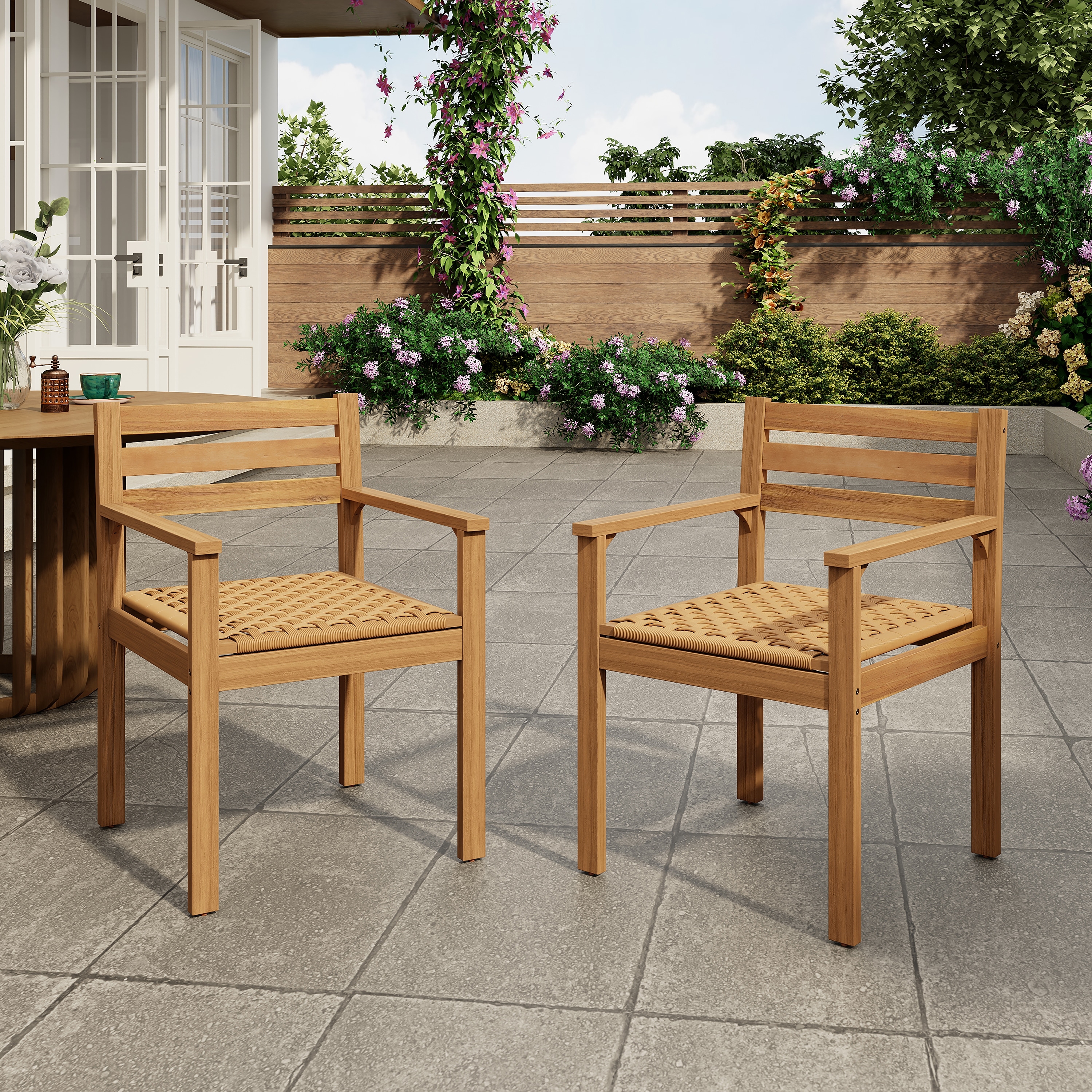 Christopher Knight Home - Rustic Outdoor Acacia Wood Dining Armchair Set with Curved Armrests & Slatted Backrest