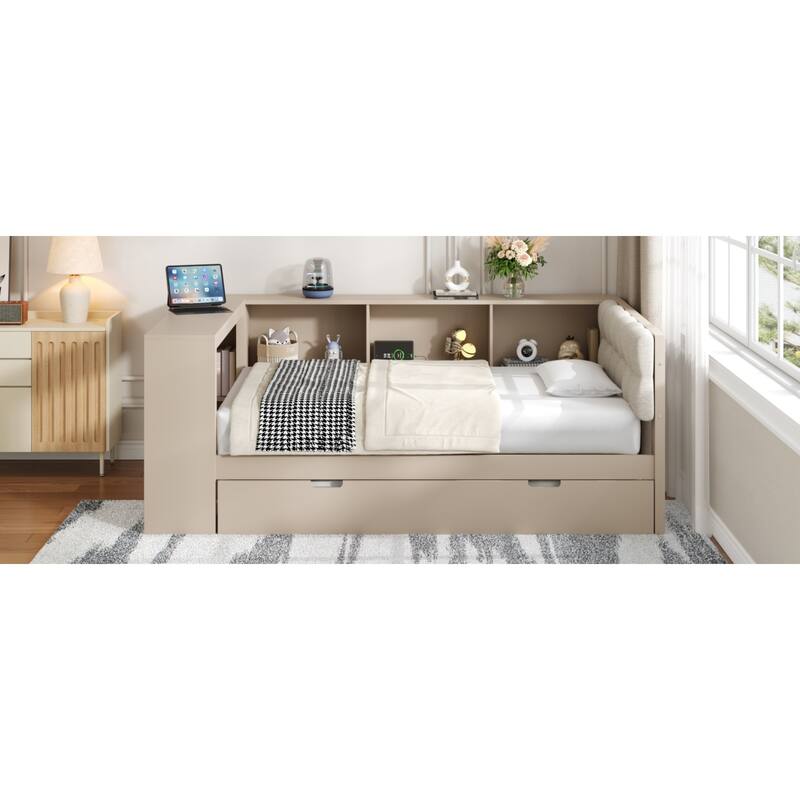 Roomfitters Twin/Full Wood Platform Bed with Trundle, Charging Station and Upholstered Headboard
