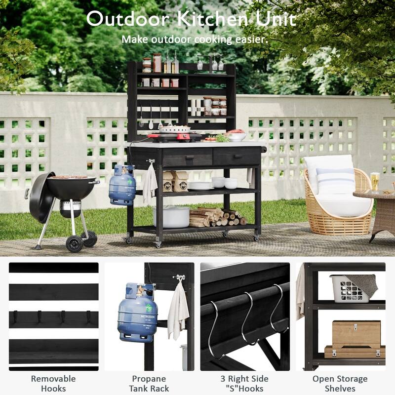 64.9"H Outdoor Potting Table with Lockable Wheels,Solid Wood Kitchen Island with Upper Hutch,Stainless Steel Top,Towel Rack