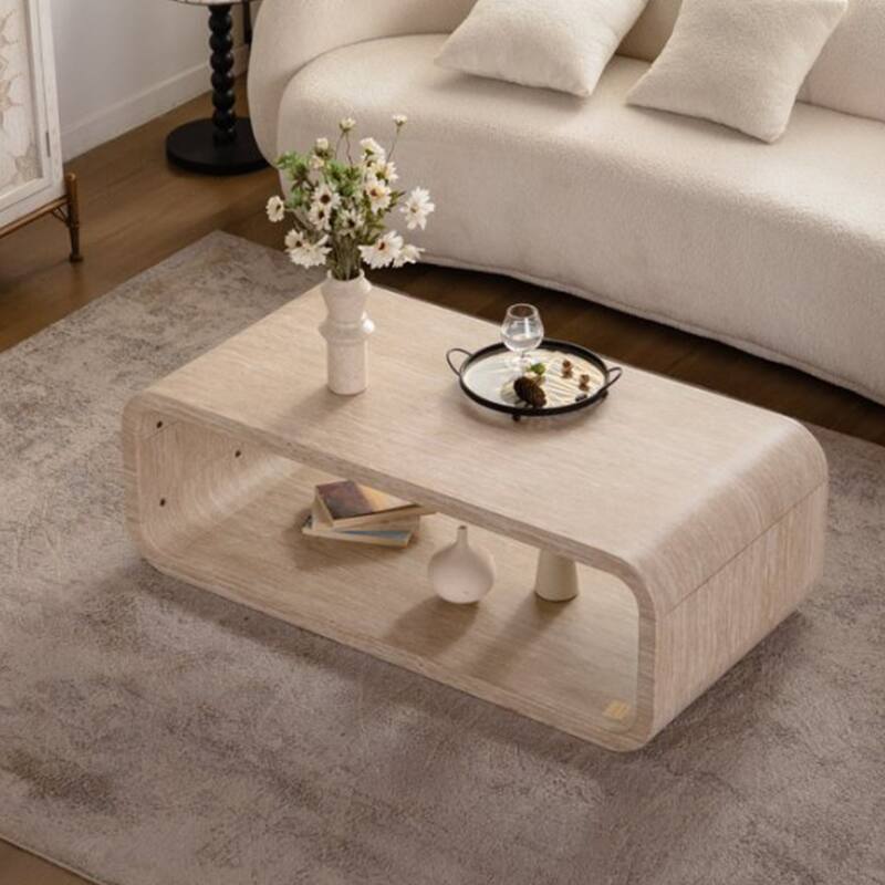 Modern Elegant Curved Light Wood Coffee Table with Open Storage & Open Frame for Contemporary Living Room