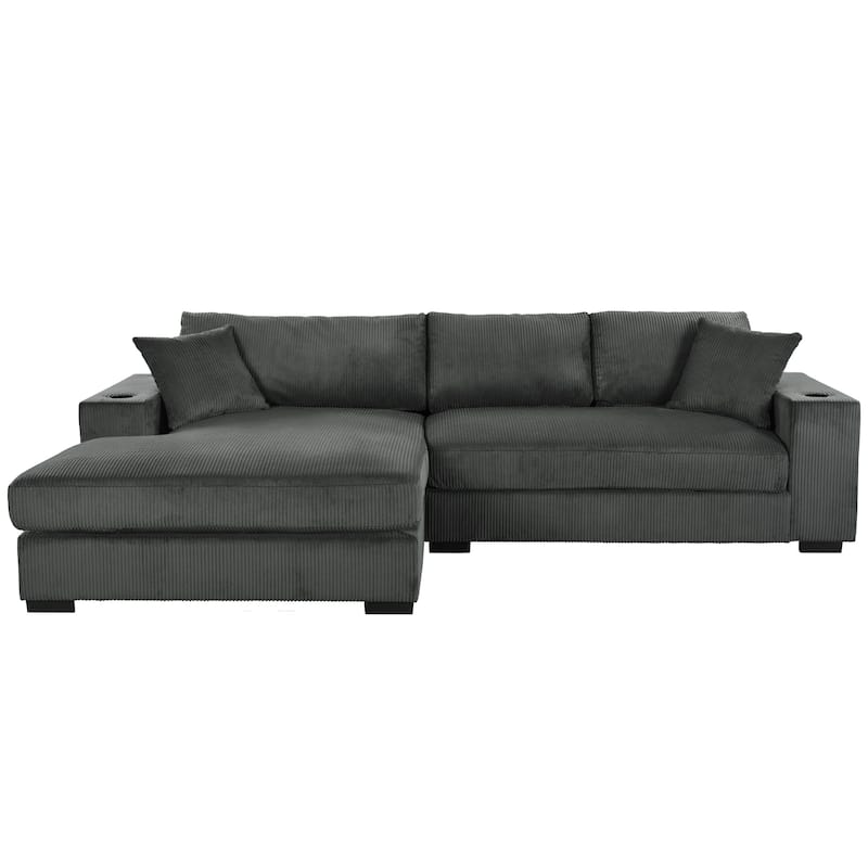 111.5" Corduroy Sectional Sofa with Thick Cushions, Cup Holders & Charging Ports
