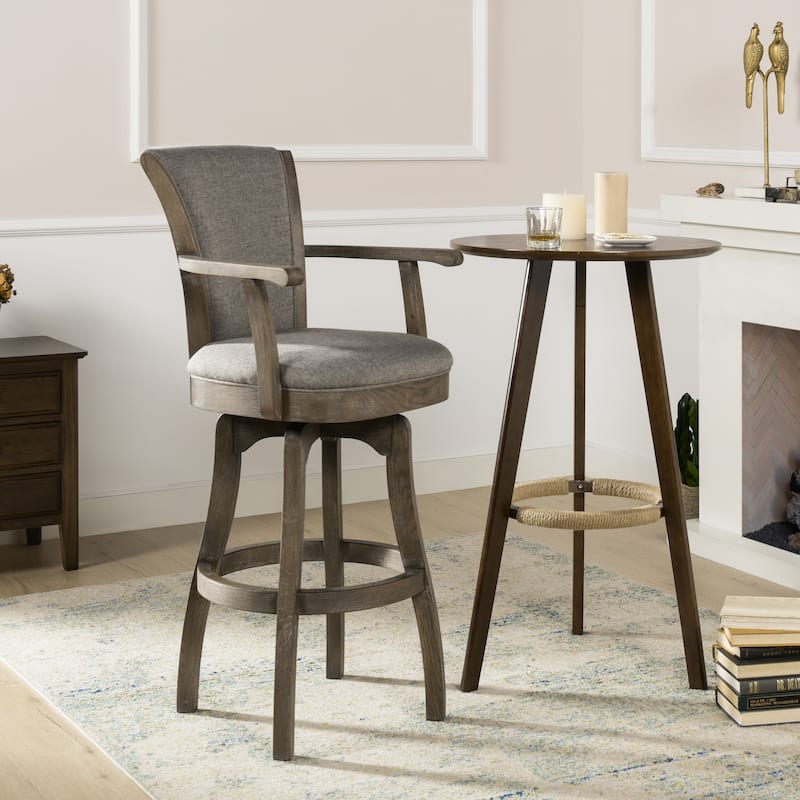 Williams Swivel Upholstered Bar Stool - Counter or Bar Height - 27 or 31 Inch - Solid Oak Wood Frame - Minimal Assembly - Single - Heathered Grey Linen - Bar Height