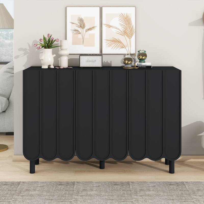 Shoe Cabinet with 5 Solid Wood Legs, Sideboard Buffet Cabinet with Adjustable Shelves, Large Storage Cabinet with Wave Doors - Black