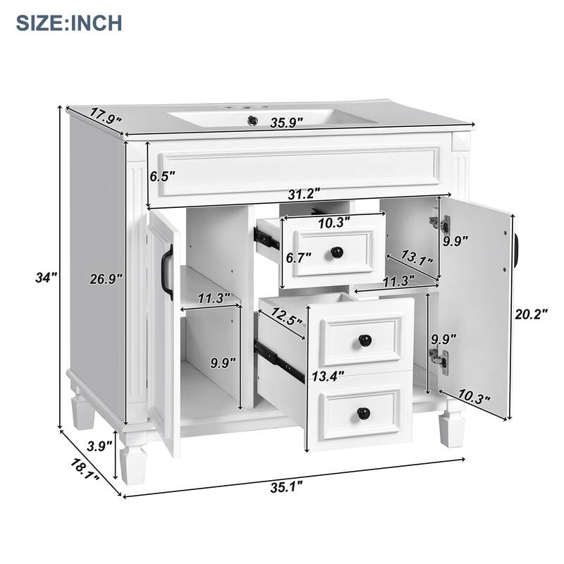 36" Bathroom Vanity w/Sink, 2 Soft-Close Doors & 2 Drawers
