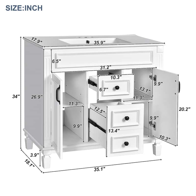 Roomfitters 36" Vanity with Sink, Modern Cabinet with 2 Drawers and Soft Closing Doors, Freestanding Bathroom Design