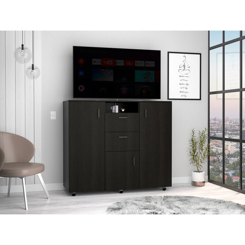 Double Door Cabinet Dresser,2 Drawers, Bedroom, Black
