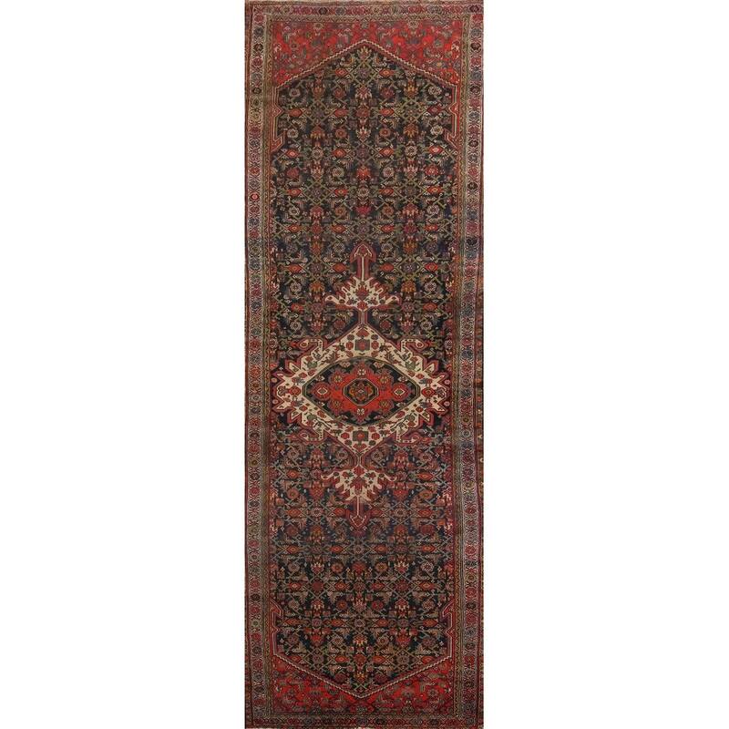 Hand Knotted Oriental 100% Wool Carpet Traditional Geometric Navy Blue & Blues Bibikabad Runner Rug - 13' 4'' X 3' 5''