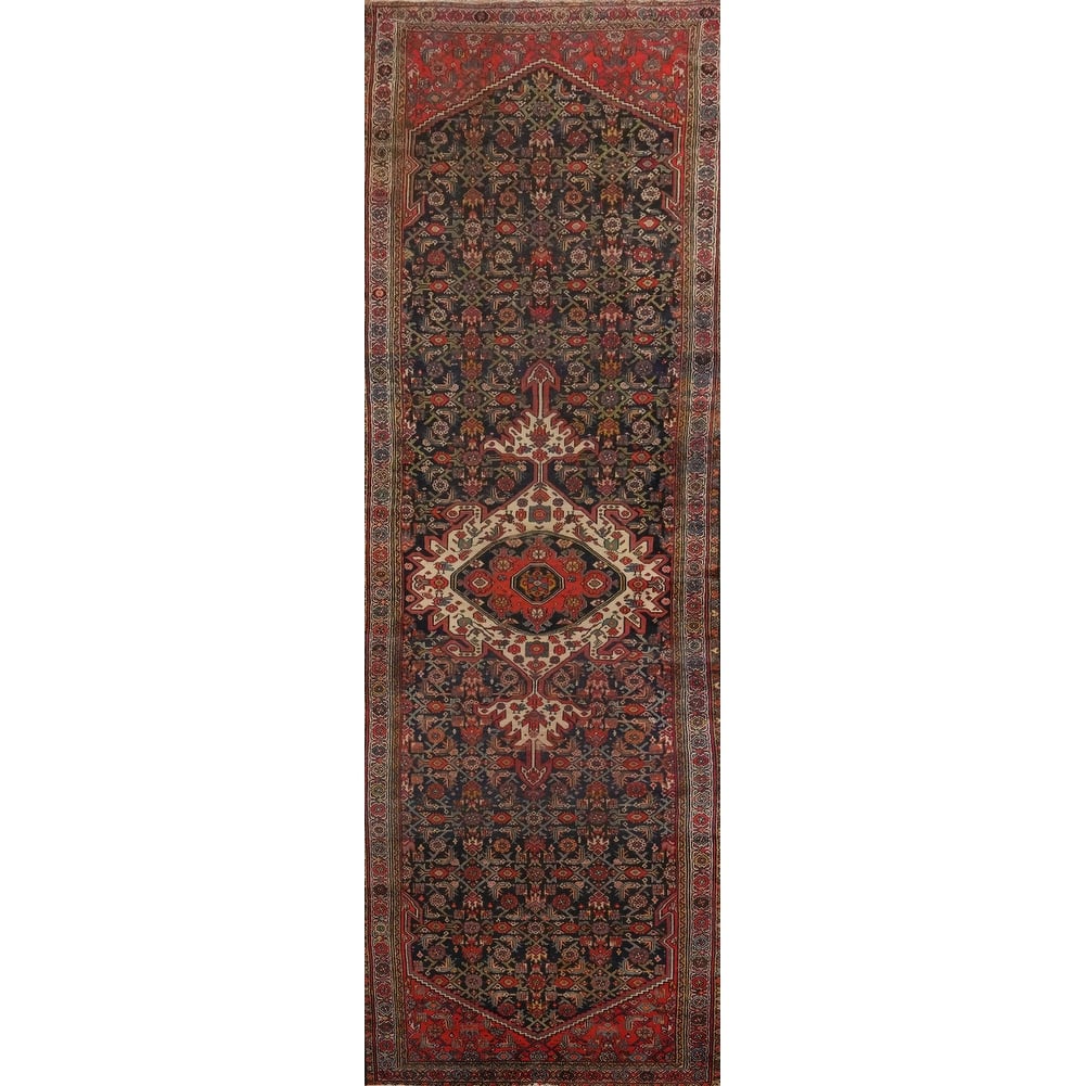 Hand Knotted Oriental 100% Wool Carpet Traditional Geometric Navy Blue & Blues Bibikabad Runner Rug - 13' 4'' X 3' 5''