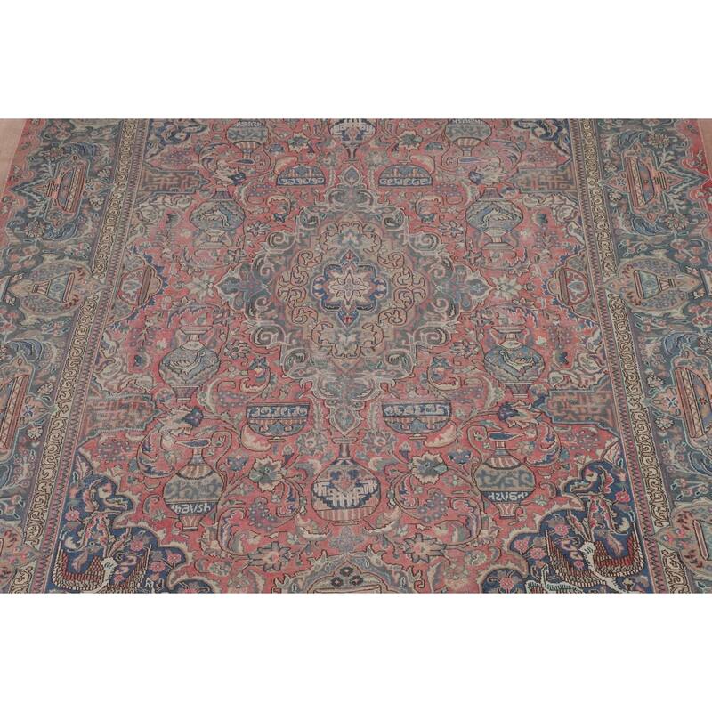 Animals Pink Kashmar Persian Vintage Area Rug Hand-Knotted Wool Carpet - 9'5"x 12'9"