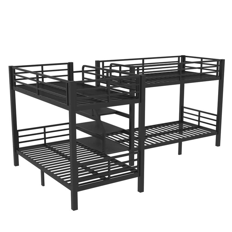 Roomfitters Twin L-Shaped Metal Bunk Bed with Storage Shelves, Space-Saving Corner Frame, Black