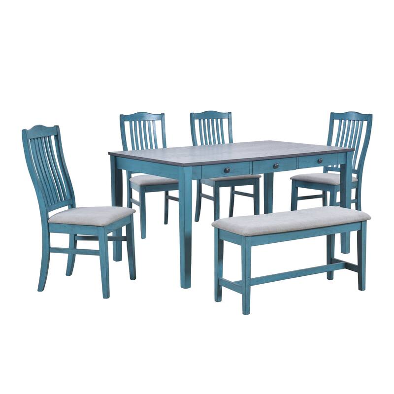 6-Piece Mid-Century Dining Set with Solid Wood Table, Upholstered Chairs, and Storage Bench - Seats 6