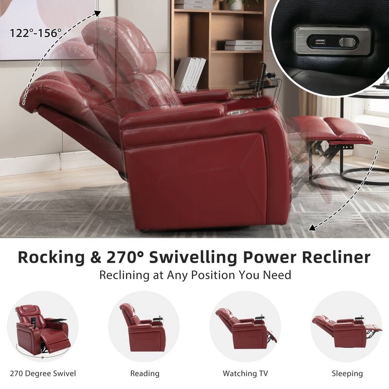 270° Swivel PU Leather Power Recliner with Phone Holder, Cup Holder, USB Port Home Theater Recliner for Living Room