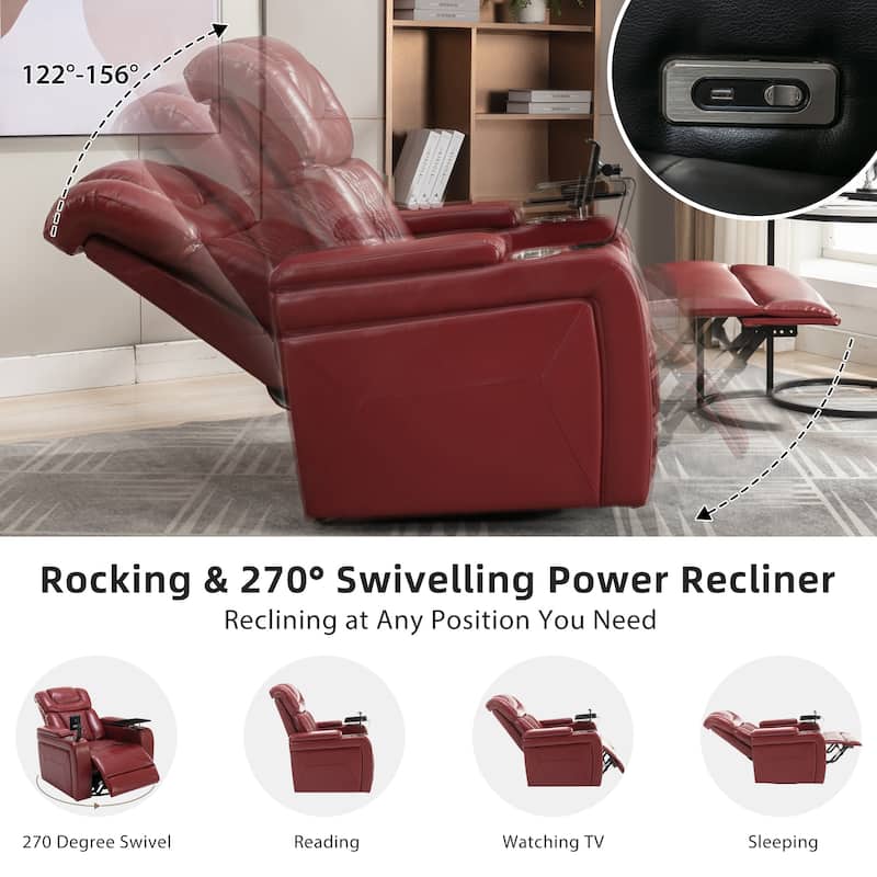 Swivel PU Recliner Chair with Side Control, Office Chair with Built-In USB Port, Lounge Chair with Removable Tray Table