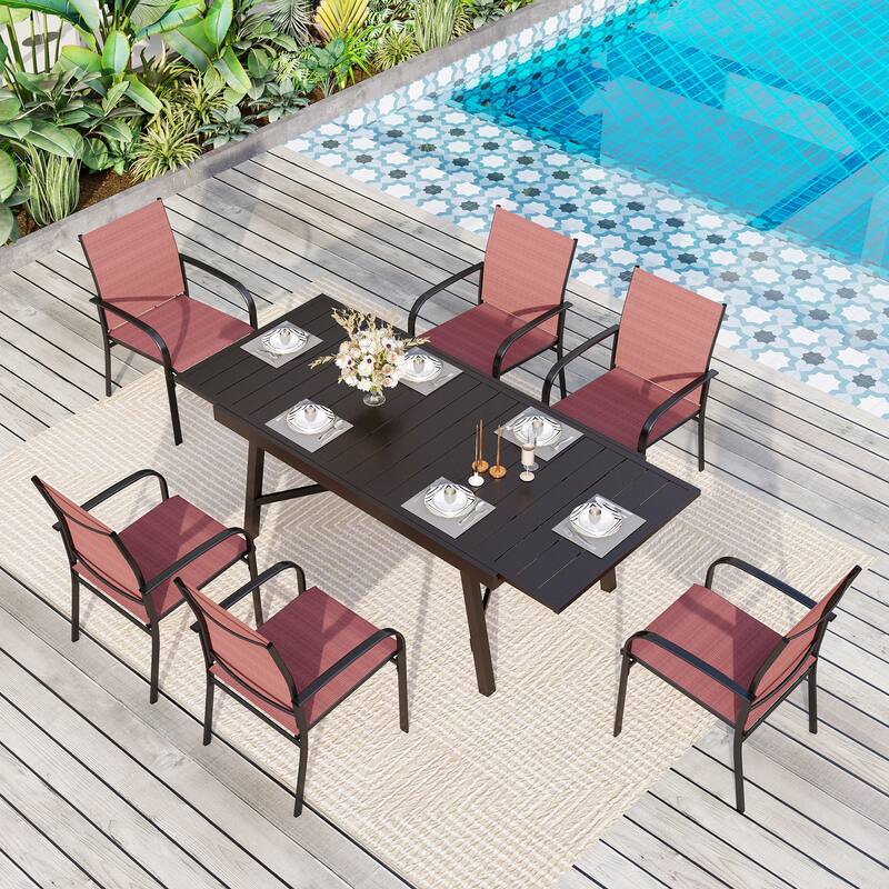 MAISON ARTS Outdoor Dining Set 7/9-Piece with Expandable Rectangular Metal Table and 6/8 Textilene Dining Chairs - 7-Piece-Red