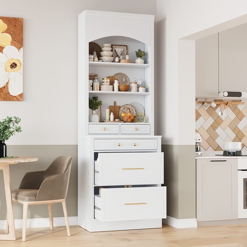 Modern Freestanding Tall Kitchen Pantry Kitchen Hutch with Storage Drawers and Adjustable Shelf