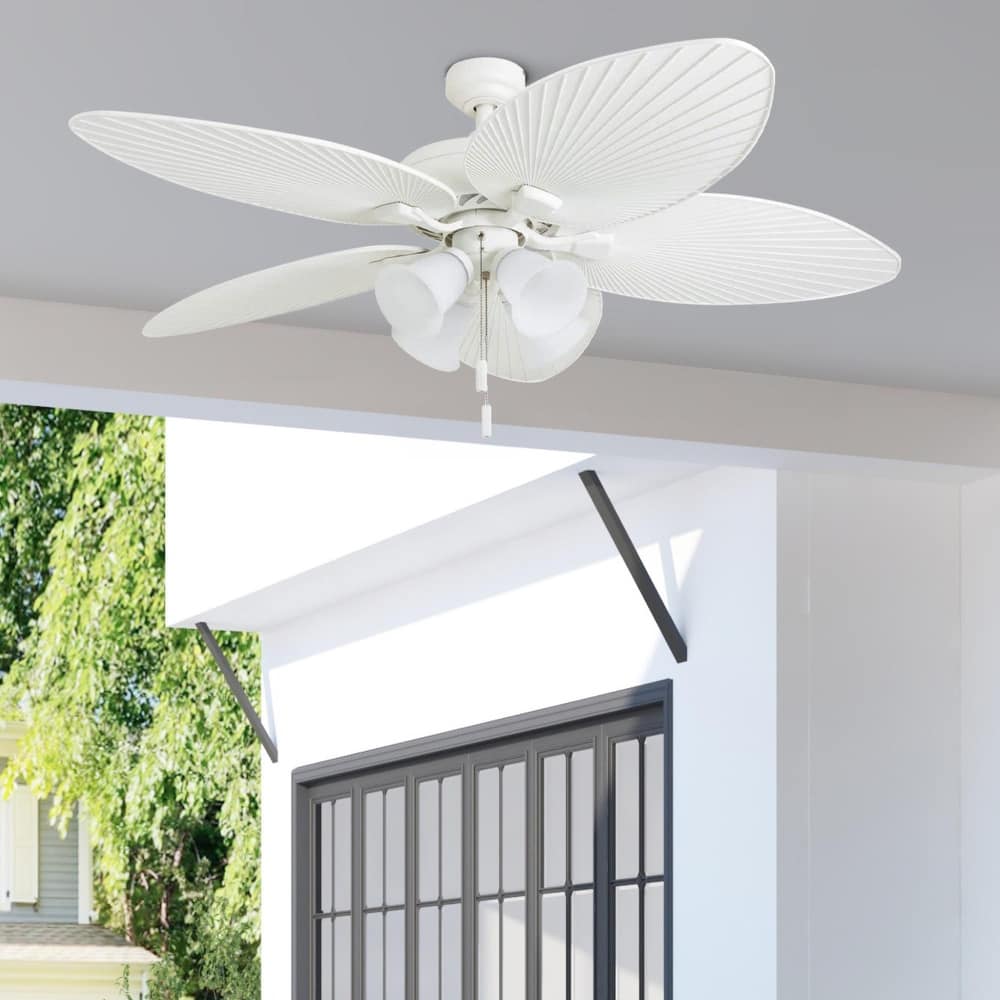 52" Honeywell Palm Lake White Indoor/Outdoor Ceiling Fan with Light, Pull Chain, 5 Palm Leaf Blade